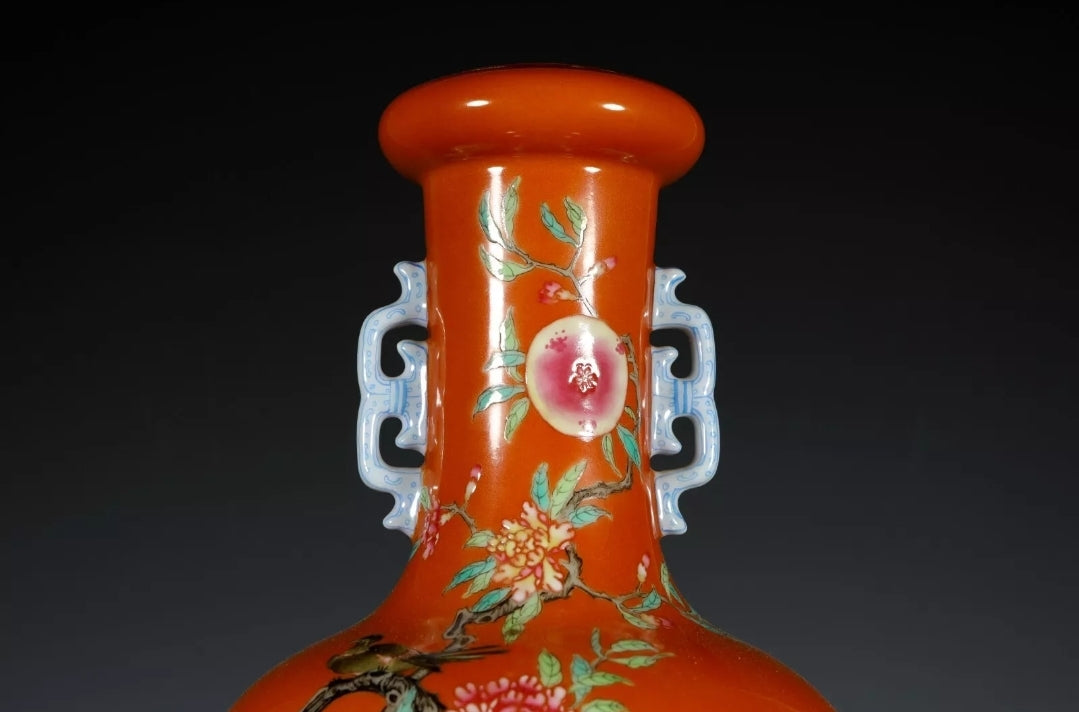 Fine ANTIQUE Rare Qing Dynasty Chinese  Porcelain Famille Rose Flower and Peach Vase