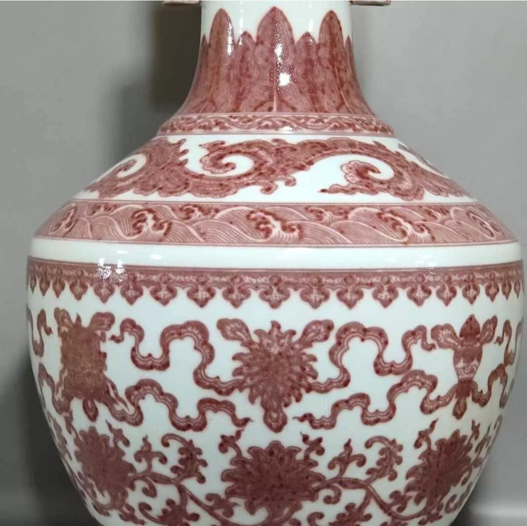 Rare Qing Dynasty Chinese Porcelain Under Glaze Red Flowers Duo Handle Vase