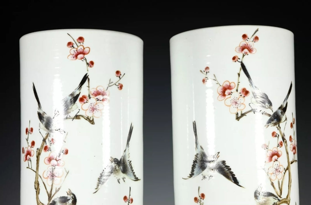 A Pair Rare Qing Dynasty YongZheng Porcelain Famille Rose Magpie and Flower Vase