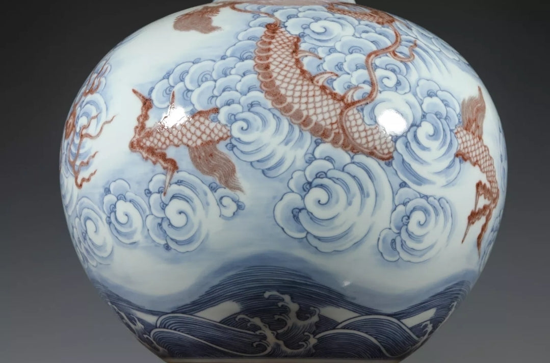 Rare Qing Dynasty Chinese Porcelain Blue and White Under glaze Red Dragon Vase