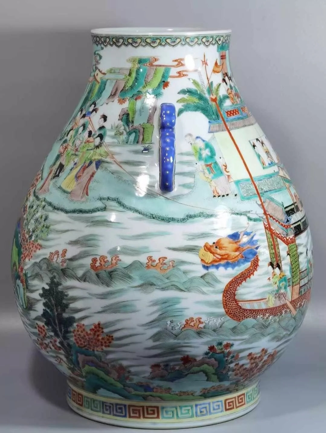 Fine Rare Qing Dynasty Chinese Porcelain Five Colors Characters Duo Handle Vase ANTIQUE