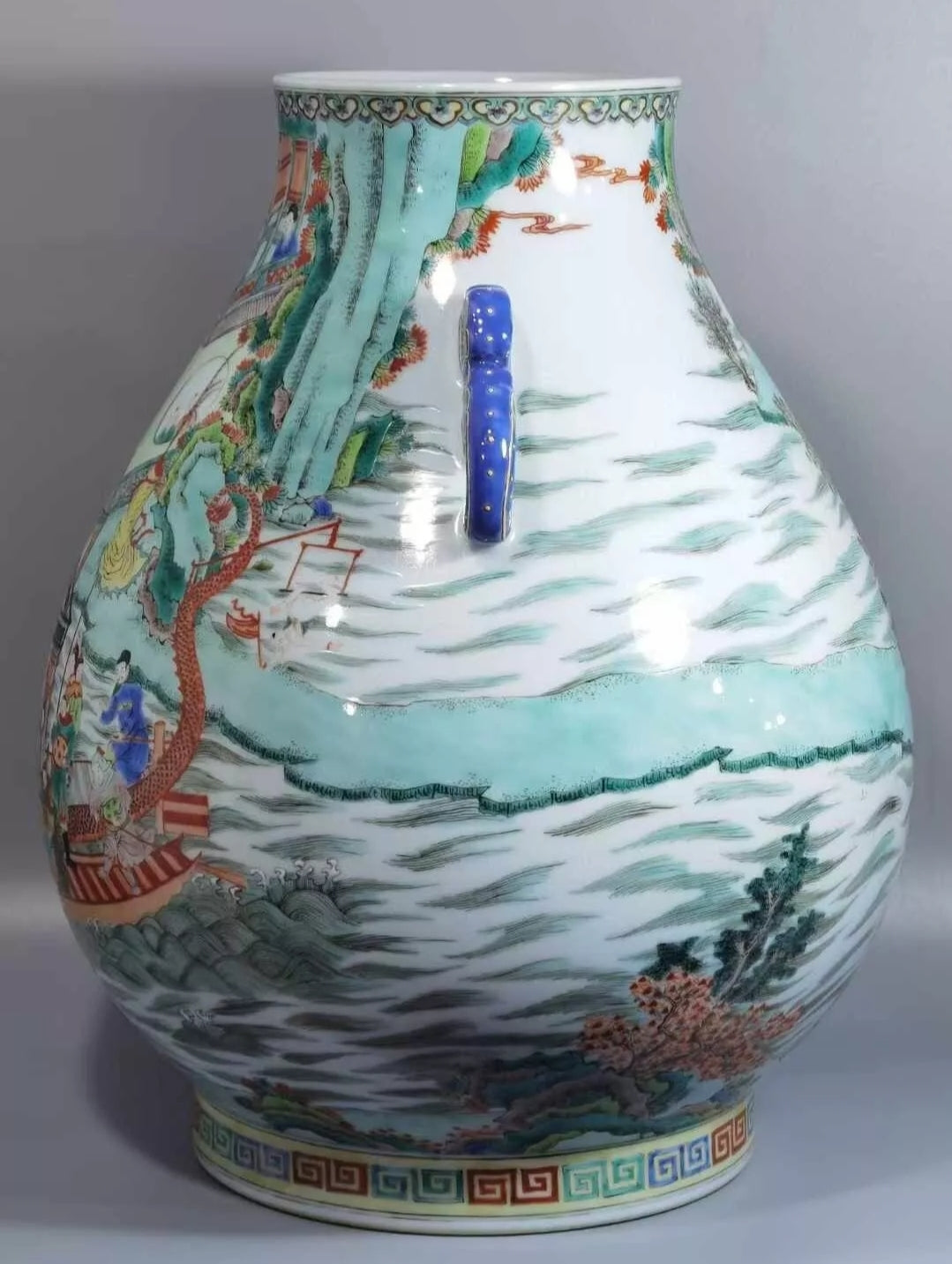 Fine Rare Qing Dynasty Chinese Porcelain Five Colors Characters Duo Handle Vase ANTIQUE