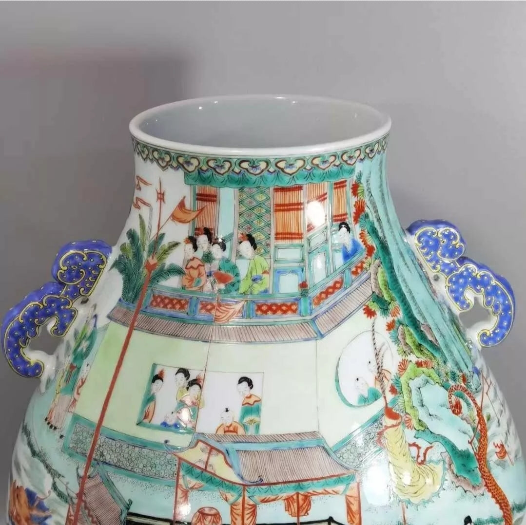 Fine Rare Qing Dynasty Chinese Porcelain Five Colors Characters Duo Handle Vase ANTIQUE