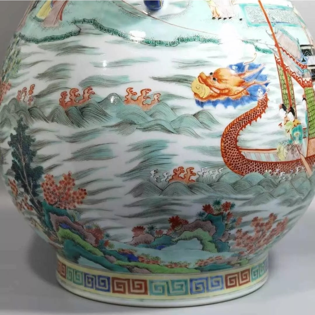 Fine Rare Qing Dynasty Chinese Porcelain Five Colors Characters Duo Handle Vase ANTIQUE