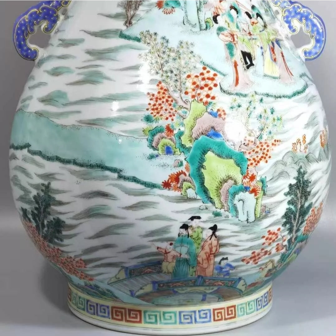 Fine Rare Qing Dynasty Chinese Porcelain Five Colors Characters Duo Handle Vase ANTIQUE